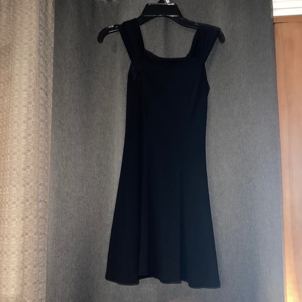 Off-the-shoulder black mini skater dress